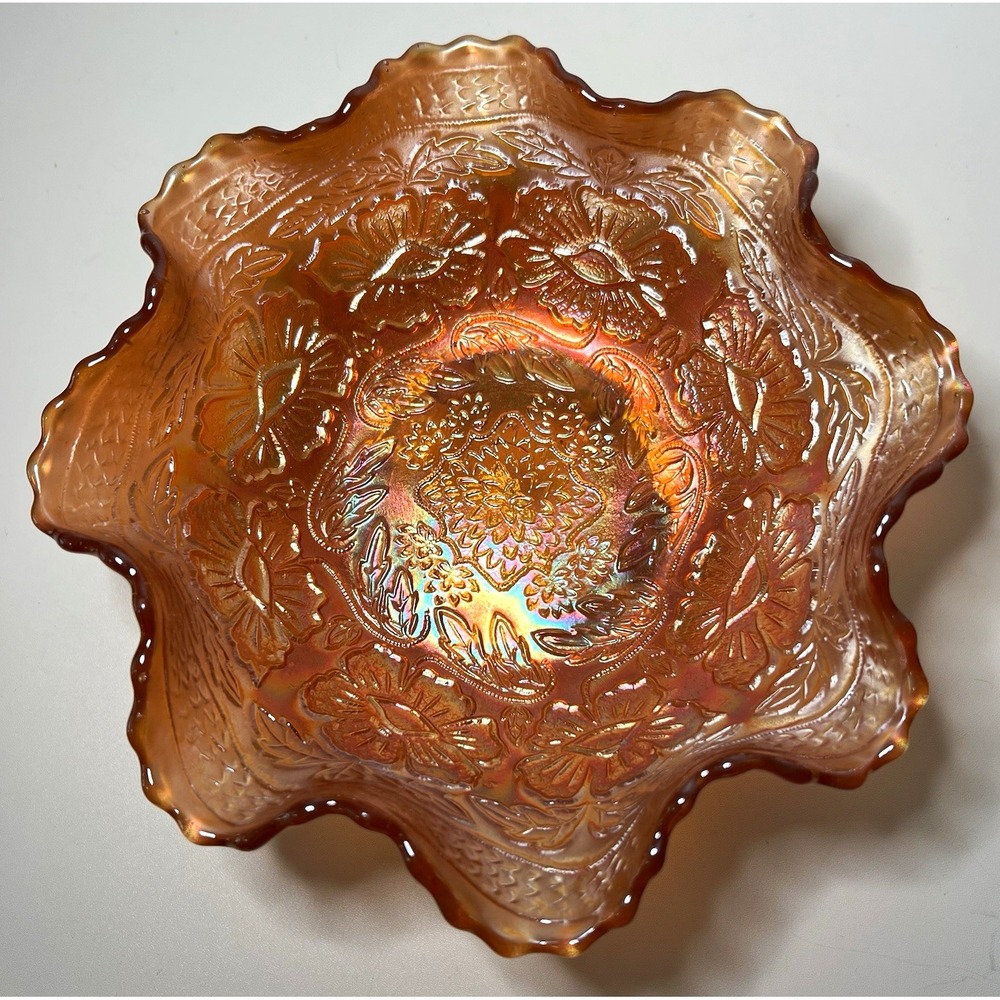 Antique Fenton Two Flowers Marigold Carnival Glass Footed Bowl 7" AS IS